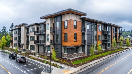 Modern apartment building with grey, brown and white exterior.  Cars are parked in front.