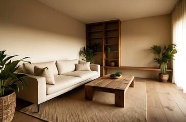 Fototapeta premium 3d interior of a Japandi style interior living room a design with simplicity, natural elements, and minimalism
