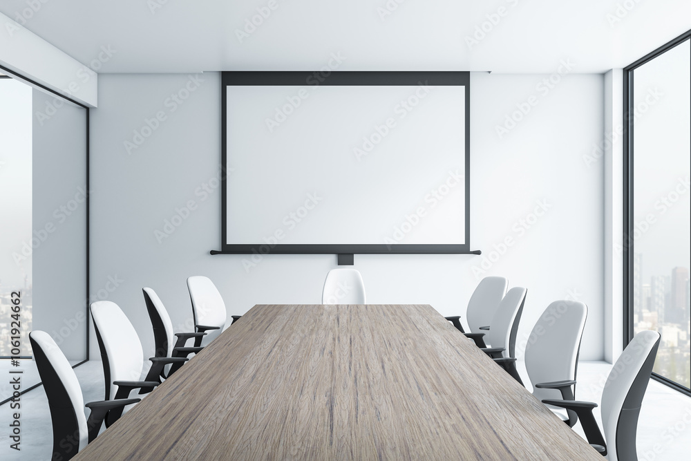 Aufkleber Front view on blank white poster in black frame on light wall in modern meeting room with empty wooden table surrounded by black and white chairs and city view from big window. 3D rendering, mock up