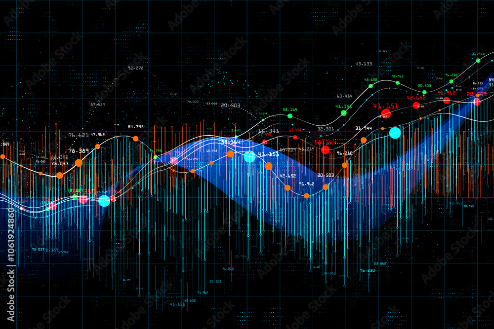 Poster Futuristic data infographic visualization with digital colorful data graphs and indicators on dark background. 3D rendering