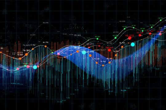 Futuristic data infographic visualization with digital colorful data graphs and indicators on dark background. 3D rendering