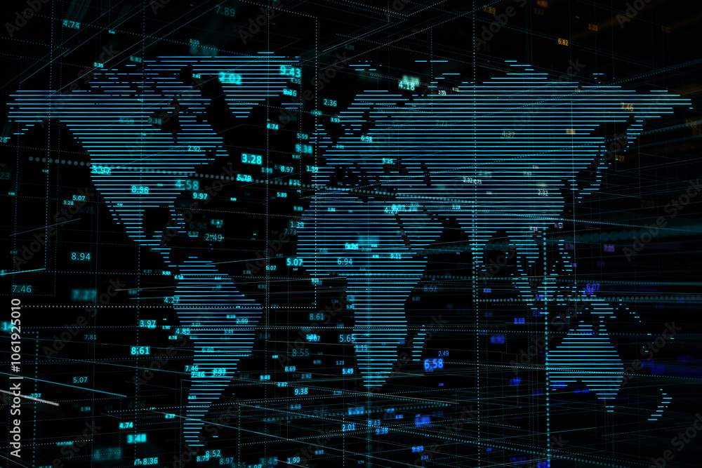 Leinwandbilder Blockchain and global connection concept with big data numbers and indicators projected on digital lined world map on dark background. 3D rendering