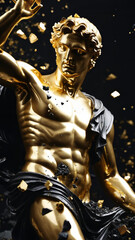 shattered divine luxury golden porcelain Michel Angelo statue of a Greek god made of black dark marble, broken and shattered statue, broken statue, Greek gods, mythology, Bodybuilding Motivation
