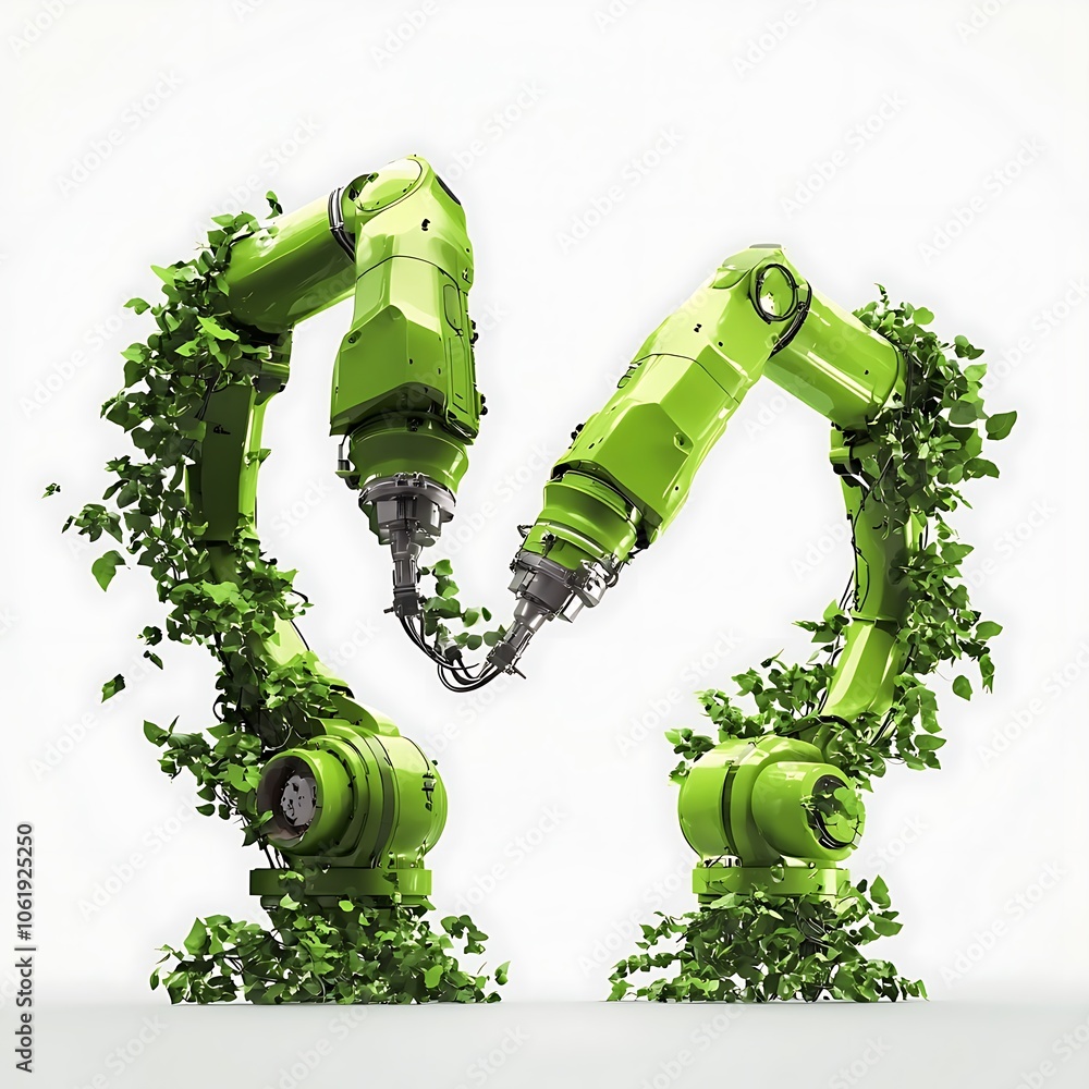 Poster two green robots are hugging each other with vines growing out of them