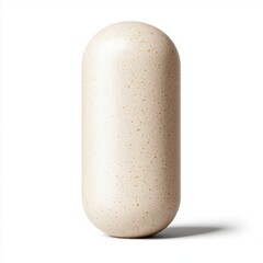 A smooth, beige capsule with speckled texture, reflecting minimalistic design and modern aesthetics, set against a white background.
