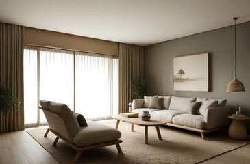 Fototapeta premium 3d interior of a Japandi style interior living room a design with simplicity, natural elements, and minimalism