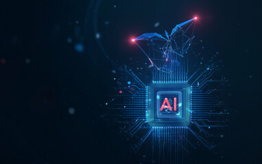 Digital AI Technology Concept. An abstract illustration of a plant growing from a microchip, symbolizing AI development, sustainability, and innovation. Generative AI Content