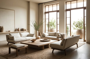 3d interior of a Japandi style interior living room a design with simplicity, natural elements, and minimalism