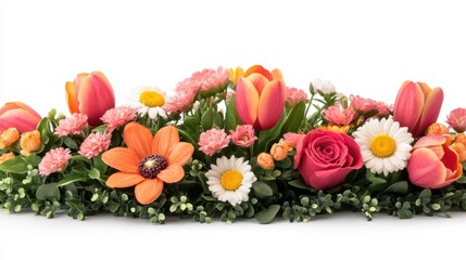Lush, colorful flower garden featuring daisies, tulips, and roses isolated on white