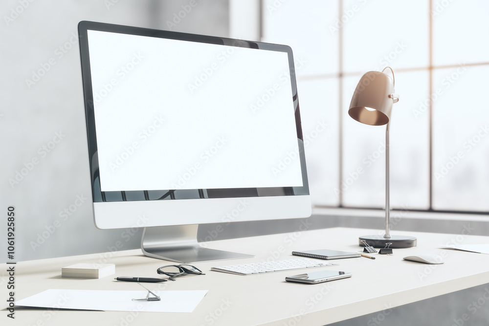 Poster side view on blank white modern computer monitor with copyspace on light wooden table with glasses, 