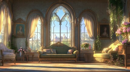 Fototapeta premium Elegant Sunlit Parlor with Vintage Decor and Flowers