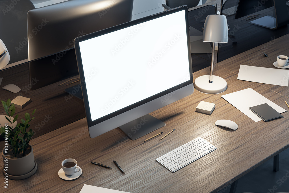 Poster perspective view on modern white blank computer monitor with on stylish wooden table with office too