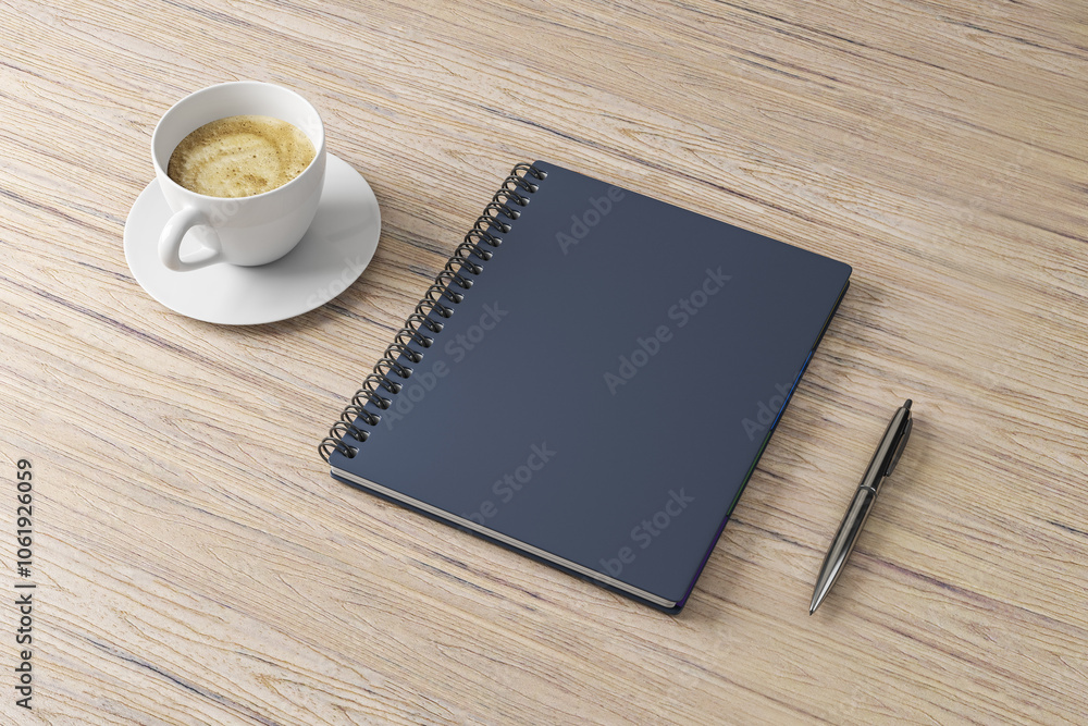 Poster perspective view on blank black notebook cover with copyspace for your text or logo on light wooden 