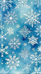 Winter snowflakes pattern in blue white watercolor festive design for Christmas or New Year decor holidays concept.