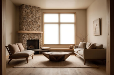3d interior of a Japandi style interior living room a design with simplicity, natural elements, and minimalism