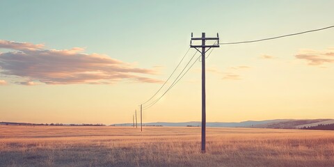 Golden Hour Power Lines in a Rural Field - Powered by Adobe