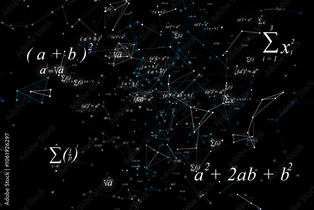 Poster Science and education concept with digital mathematical formulas and figures on dark background. 3D rendering