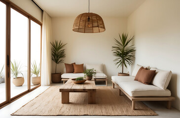 3d interior of a Japandi style interior living room a design with simplicity, natural elements, and minimalism