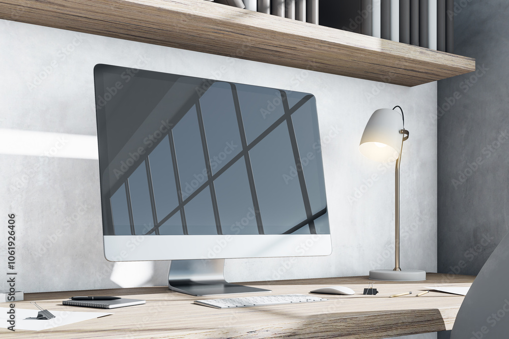 Poster Perspective view on blank dark modern computer monitor with reflection and copyspace for your text or logo on wooden table with illuminated lamp on light grey wall background. 3D rendering, mockup