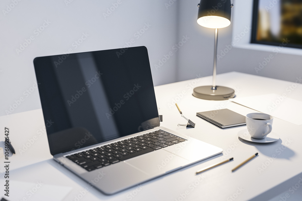 Poster perspective view on modern laptop blank dark screen on light table with illuminated lamp, office too