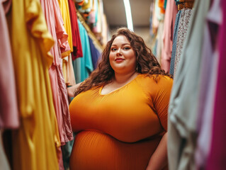A stylish overweight woman looks at brightly colored dresses in a busy retail store aisle