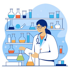 Scientific research. Scientist people wearing lab coats, science researches and chemical laboratory experiments. Chemistry clinic laboratories, microbiology pharmaceutical research vector illustration