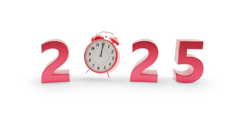 Year 2025 in three dimensions with clock isolated on white background. New year concept. 3d illustration.