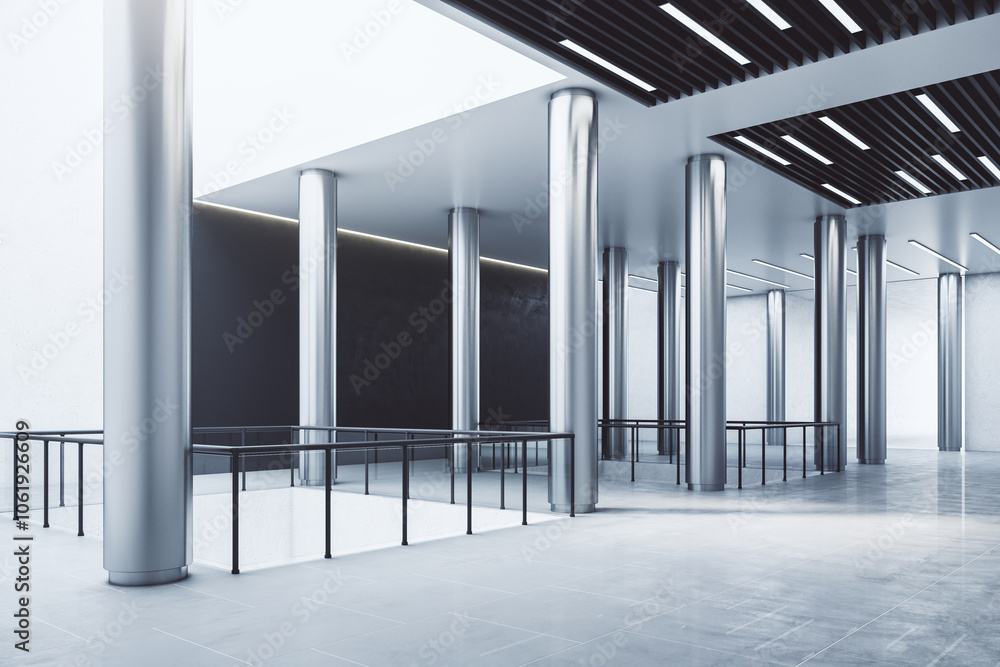 Poster real estate concept with huge metallic columns on light grey floor and led lamps on top in spacious 