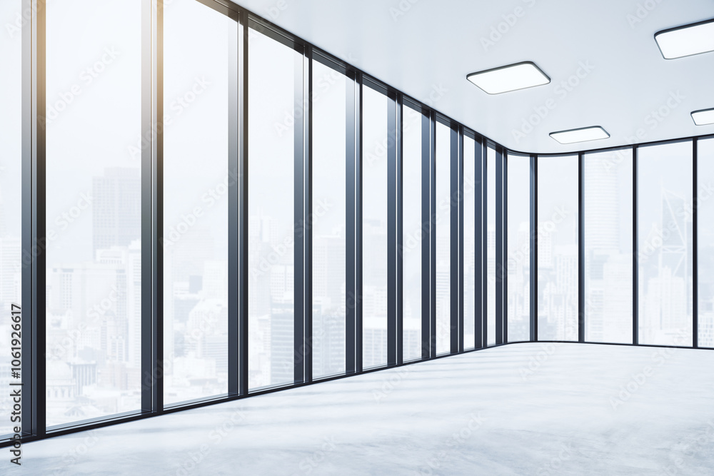 Aufkleber real estate concept with perspective view on panoramic windows divided by black frames in empty spac