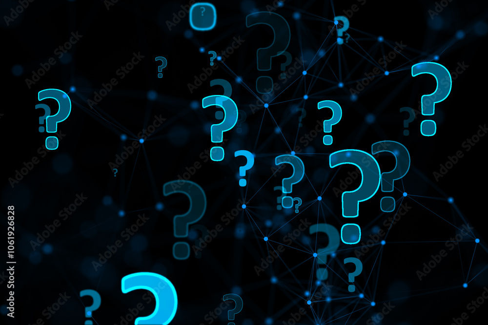 Poster Abstract dark background with lots of digital blue glowing question marks. 3D rendering