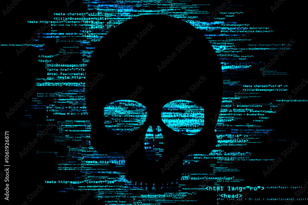 Aufkleber Black skull symbol on dark background with blue binary programming code, cybercrime, hacking and network ddos concept. 3D rendering