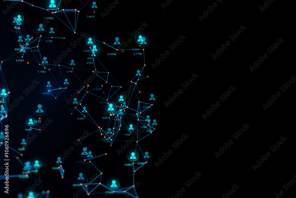 Fototapete Social network connection and stats data concept with digital illuminated user icons on dark technological background. 3D rendering