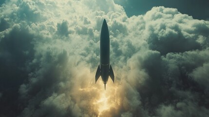 Fototapeta premium Military missile with high-tech warhead and sleek body, representing power, on a cloudy background