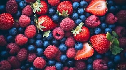 A vibrant display of mixed berries including strawberries, raspberries, and blueberries