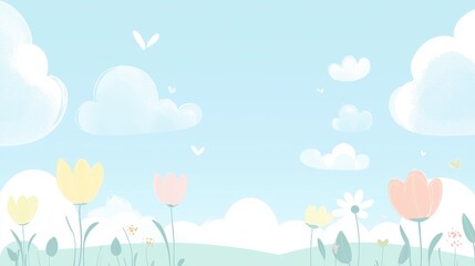 Obraz premium A serene landscape with pastel flowers and fluffy clouds against a light blue sky, evoking a calm and cheerful ambiance.