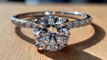 Elegant Diamond Ring on Wooden Surface