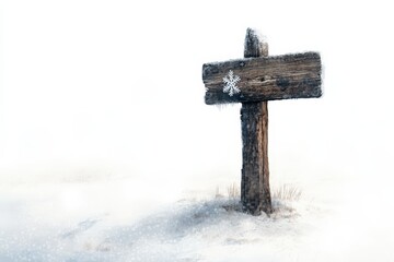 Fototapeta premium Snowy winter landscape with a rustic wooden signpost