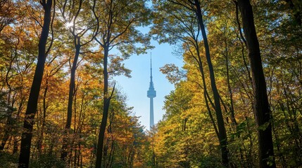 Fototapeta premium Tower Surrounded by Autumn Forest in Bright Daylight