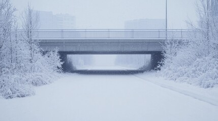 Obraz premium Tranquil Winter Scene: Snow-Covered Bridge in City with Frosted Trees and Quiet River under Soft Ambient Light