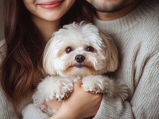 A cozy couple holding an adorable fluffy dog, symbolizing warmth and affection in a comfortable home setting.