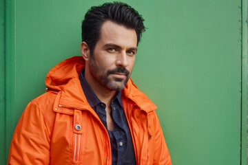 Fototapeta premium A man in an orange jacket is standing in front of a green wall