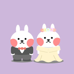 Wedding rabbit cartoon so cute. On purple color background. Vector illustration.
