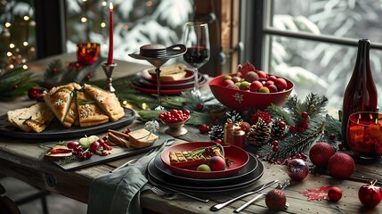 An inviting Christmas dinner setting with a festive centerpiece, complete with red and green accents and gourmet dishes