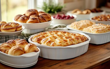 A cozy spread of freshly baked pastries and dishes on a wooden table, showcasing a variety of rolls and savory foods in inviting dishes.