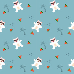 Polar bear on the beach. On coconut tree watermelon and green background. Pattern seamless vector illustration.
