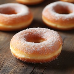 Freshly Baked Donuts Dusted with Powdered Sugar on Rustic Wooden Surface
