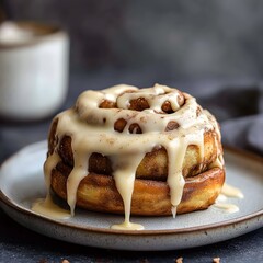 Freshly Baked Cinnamon Roll Drizzled with Creamy Icing on Rustic Plate