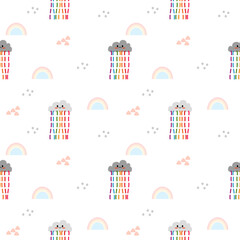 Obraz premium Cloud rain rainbow cartoon so cute. On mountain rainbow white background. Pattern seamless vector illustration.