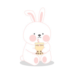 Rabbit drink bubble milk tea. On white background. Cartoon so cute. Vector illustration.
