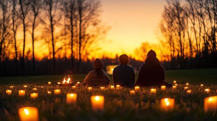 Obraz premium A serene sunset scene with three individuals seated on the grass surrounded by glowing candles, creating a peaceful and reflective atmosphere.